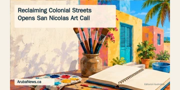Editorial illustration of paintbrushes and a sketchbook by imagined colorful street facades.