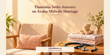 Thomasia Seeks Answers on Aruba Midwife Shortage Editorial illustration of an empty maternity-care chair beside folded baby blankets and a stethoscope, representing concerns about midwife staffing.
