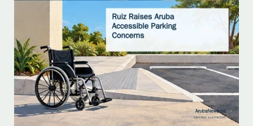 Conceptual editorial illustration of an unoccupied wheelchair beside a curb ramp and reserved parking area; no specific Aruba building is depicted.