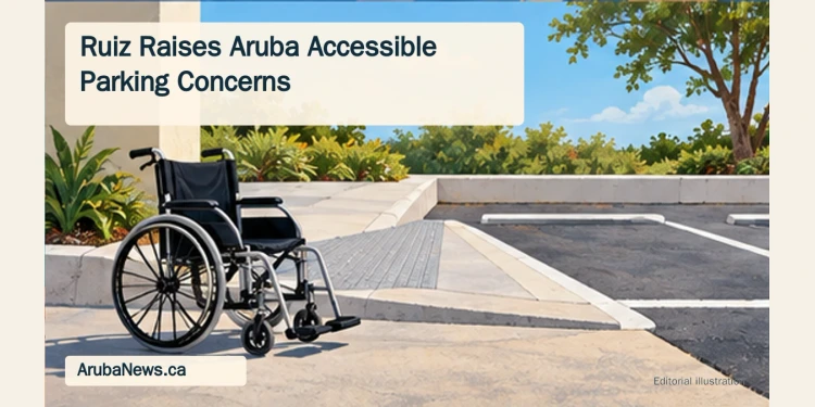 Ruiz Raises Aruba Accessible Parking Concerns Editorial illustration of a wheelchair beside a curb ramp and parking space.