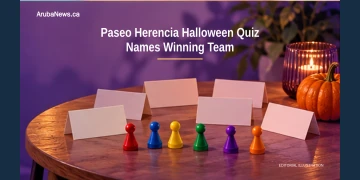 Editorial illustration of six team tokens and blank quiz cards on a Halloween-themed table; not a photograph of the Paseo Herencia event.