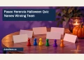 Paseo Herencia Halloween Quiz Names Winning Team Editorial illustration of a Halloween quiz table with six team tokens and blank cards.