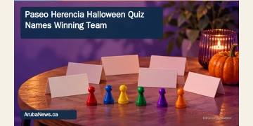 Editorial illustration of a Halloween quiz table with six team tokens and blank cards.