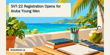 Editorial illustration of a Caribbean learning workspace with books and notebooks.