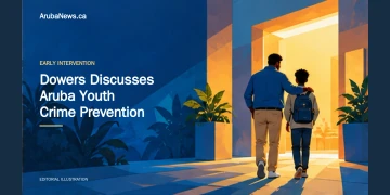 Dowers Discusses Aruba Youth Crime Prevention Editorial illustration of a supportive adult and teenager approaching a warmly lit community doorway, representing early intervention.