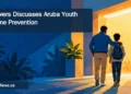 Editorial illustration of an adult and teenager walking toward a community doorway.