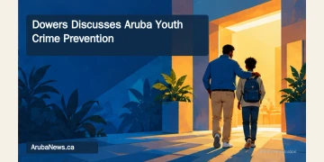Dowers Discusses Aruba Youth Crime Prevention Editorial illustration of an adult and teenager walking toward a community doorway.