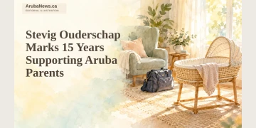 Stevig Ouderschap Marks 15 Years Supporting Aruba Parents Watercolour editorial illustration of an empty baby bassinet beside a home-visit bag and adult chair.