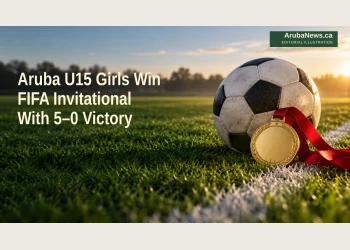 Editorial illustration of a football and unbranded medal beside a grass touchline; not the tournament match.