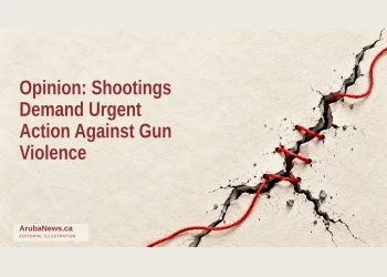 Symbolic editorial illustration of a fractured line joined by a red thread, accompanying an opinion article about gun violence.