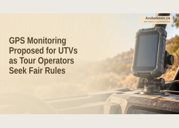 Editorial illustration of an unbranded GPS device on a stationary utility-vehicle dashboard.