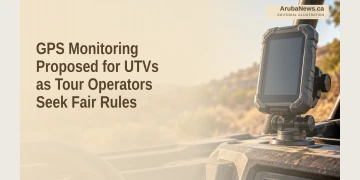 Editorial illustration of an unbranded GPS device on a stationary utility-vehicle dashboard.