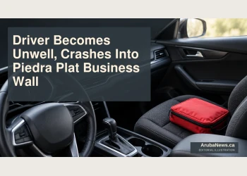 Editorial illustration of a steering wheel and first-aid pouch in an empty parked car; not the Piedra Plat collision.