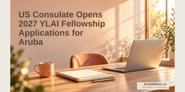 US Consulate Opens 2027 YLAI Fellowship Applications for Aruba Editorial illustration of a blank sketchbook and laptop on a co-working desk.