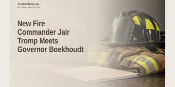 Editorial illustration of a firefighter helmet and protective coat beside a folder; not the commander's meeting.