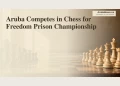 Editorial illustration of chess pieces on a board in an empty room; not the actual prison championship.
