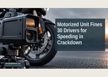 Editorial illustration of an anonymous speed-measurement device and blurred motorcycle wheel; not an actual checkpoint.