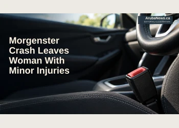 Editorial illustration of a seatbelt buckle and steering wheel in an empty parked car; not the Morgenster crash.