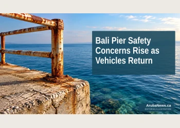 Editorial illustration of a seaside barrier and weathered concrete; not the actual Bali pier.