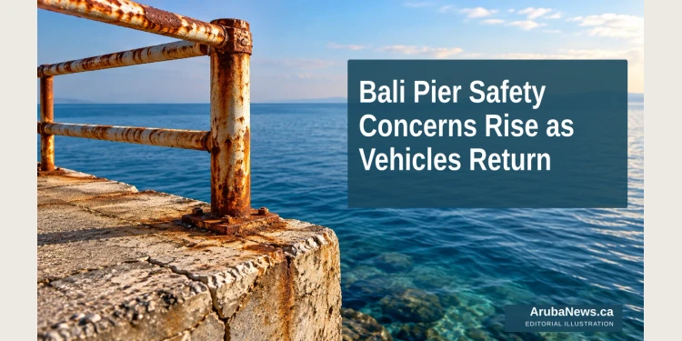 Editorial illustration of a seaside barrier and weathered concrete; not the actual Bali pier.