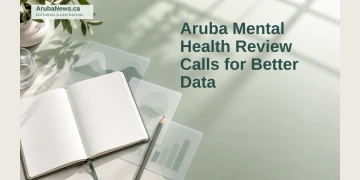 Aruba Mental Health Review Calls for Better Data Editorial illustration of a blank research notebook and translucent data cards on a desk.