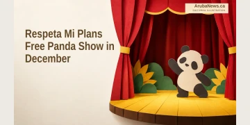Respeta Mi Plans Free Panda Show in December Paper-cut editorial illustration of a small empty stage with a generic panda-shaped cutout; not the official show design.