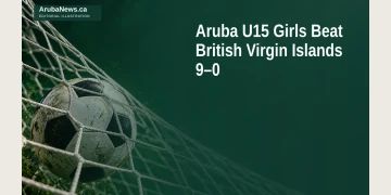 Editorial illustration of a football touching a goal net; not a photograph of the Aruba U15 match.