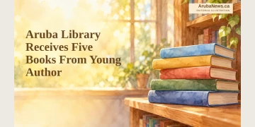 Aruba Library Receives Five Books From Young Author Editorial watercolour illustration of five unlabelled books on a library shelf; not the donated book covers.