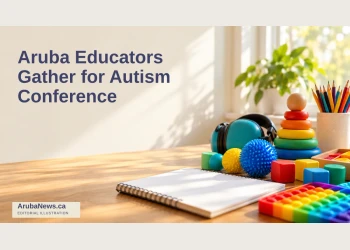 Editorial illustration of tactile learning materials on an empty teacher's desk; not the actual autism conference.