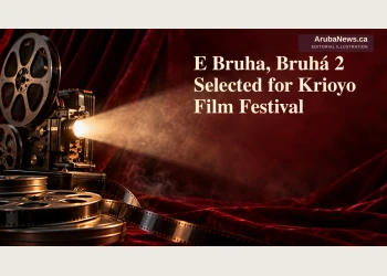 Editorial illustration of a film reel and projector beam against dark red velvet.
