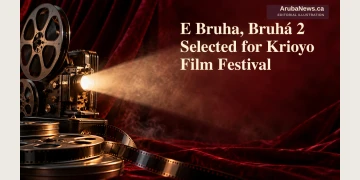 E Bruha, Bruhá 2 Selected for Krioyo Film Festival Editorial illustration of a film reel and projector beam against dark red velvet.