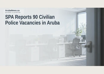 Editorial illustration of empty administrative workstations; not an actual police office.