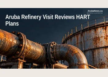 Editorial illustration of weathered industrial pipes and steel infrastructure; not the actual refinery visit.