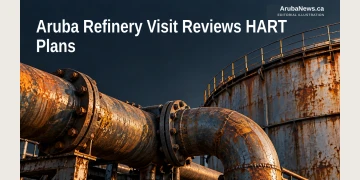 Editorial illustration of weathered industrial pipes and steel infrastructure; not the actual refinery visit.