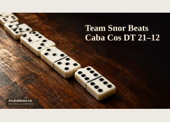 Editorial illustration of domino tiles on a wooden playing table; not the actual match.