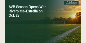 Editorial illustration of an empty football pitch and goal in late-afternoon light.