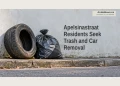 Editorial illustration of roadside refuse and a worn tyre beside a plain curb; not the actual Apelsinastraat scene.