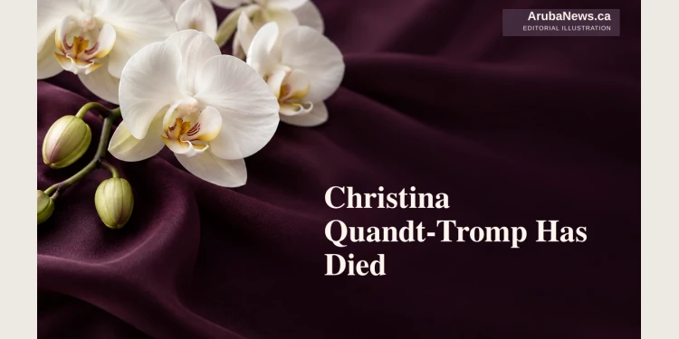Christina Quandt-Tromp Has Died Memorial editorial illustration of white orchids against dark plum fabric.