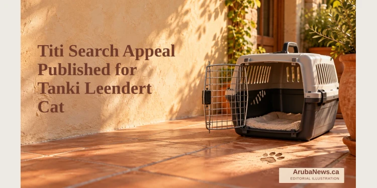 Titi Search Appeal Published for Tanki Leendert Cat Editorial illustration of an empty cat carrier on a veranda; not a photograph of Titi or its home.