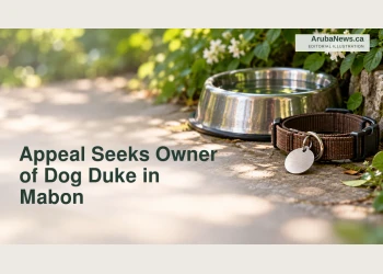 Editorial illustration of a dog collar, blank tag and water bowl; not a photograph of Duke.