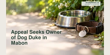 Editorial illustration of a dog collar, blank tag and water bowl; not a photograph of Duke.