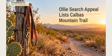Editorial illustration of a dog lead beside a dry walking trail; not a photograph of Ollie or the actual search area.