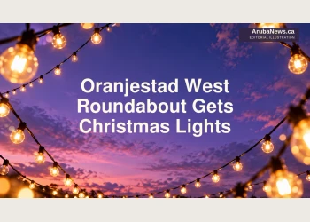 Editorial illustration of outdoor festive lights against a violet evening sky, not the actual roundabout.