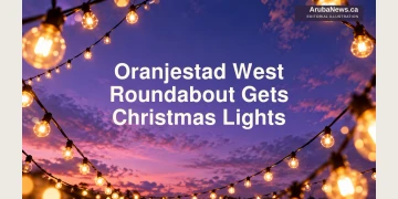 Editorial illustration of outdoor festive lights against a violet evening sky, not the actual roundabout.