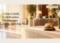 Editorial illustration of a golden service bell on a hospitality counter in warm light.