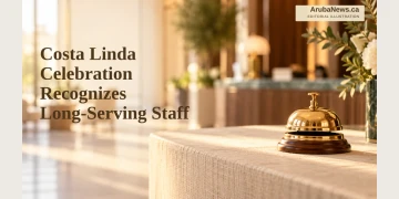 Editorial illustration of a golden service bell on a hospitality counter in warm light.