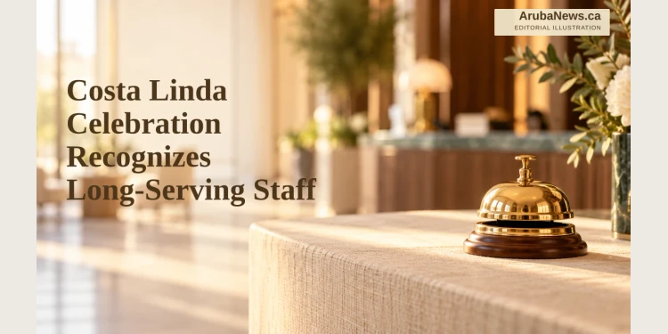 Costa Linda Celebration Recognizes Long-Serving Staff Editorial illustration of a golden service bell on a hospitality counter in warm light.