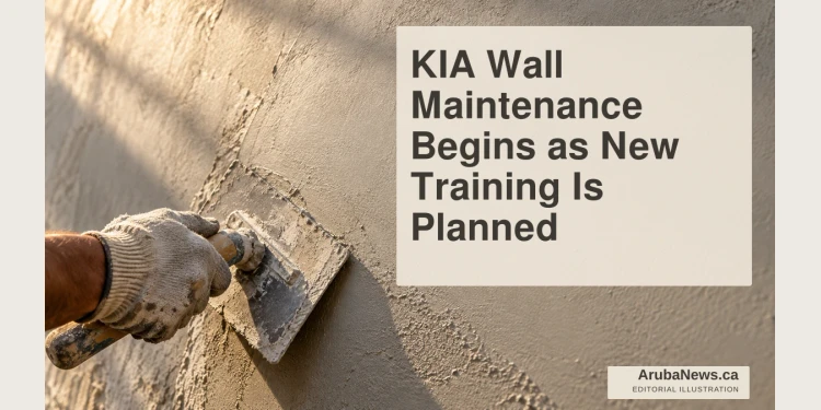 Editorial illustration of a trowel smoothing a plain exterior wall, not the actual KIA premises.