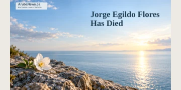 Memorial editorial illustration of a white flower on stone beside a calm sea horizon.