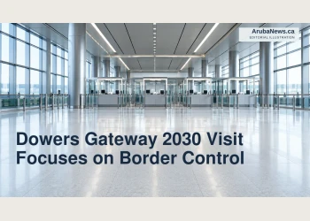 Editorial illustration of an empty, non-specific airport border-control hall.